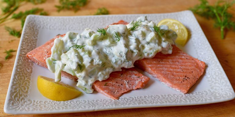 Oven-Poached Salmon with Cucumber Sauce